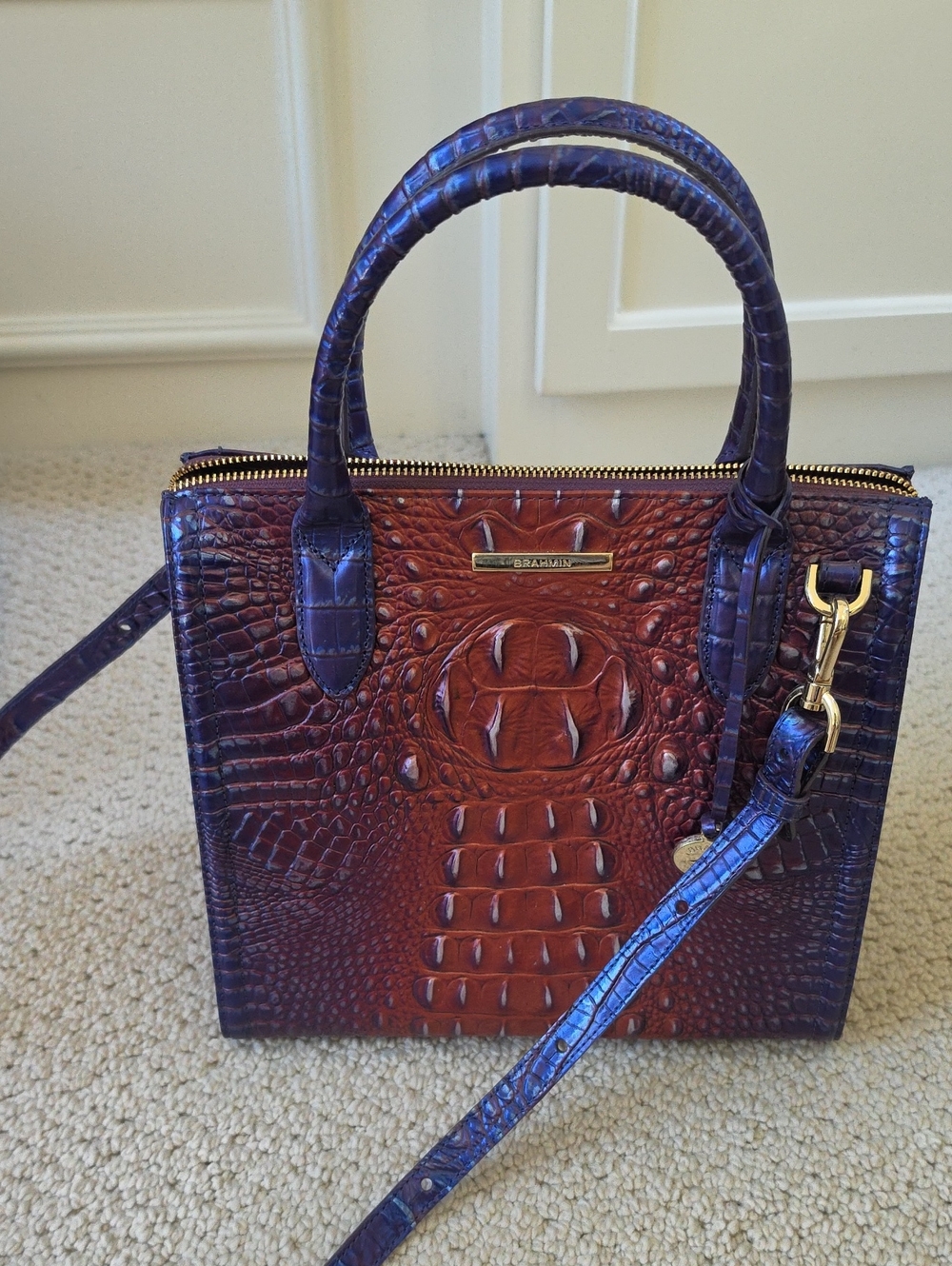 Brahmin Two-Tone Croc-Embossed Satchel in Brown and Purple